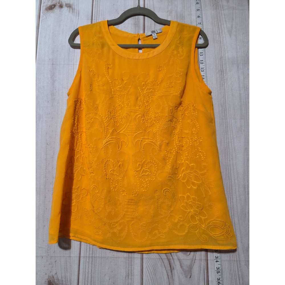 Q&A Women Orange‎ Embroidered Sleeveless Sheer Top Blouse Size M